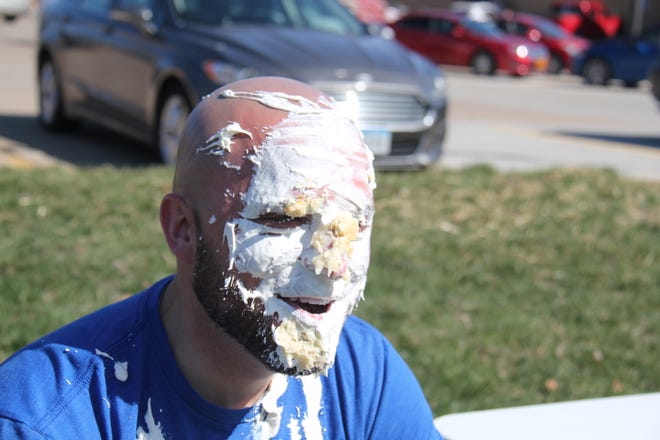 Alex Lott reacts to getting a pie thrown in his face during the Grand Finale of the Big Boom Bracket Battle on Monday, April 8, 2024.