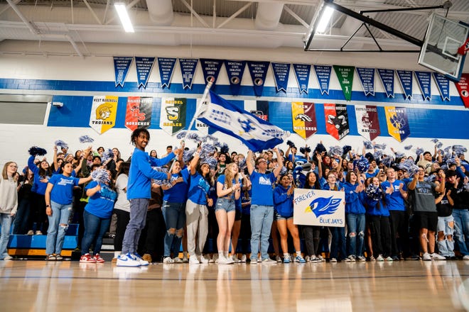 Students at Perry High School cheer for the camera as they film for a "Good Morning America" segment Friday, April 12, 2024, at Perry High School. The junior and senior classes at Perry were awarded $50,000 by JCPenney for their "Dream Prom."