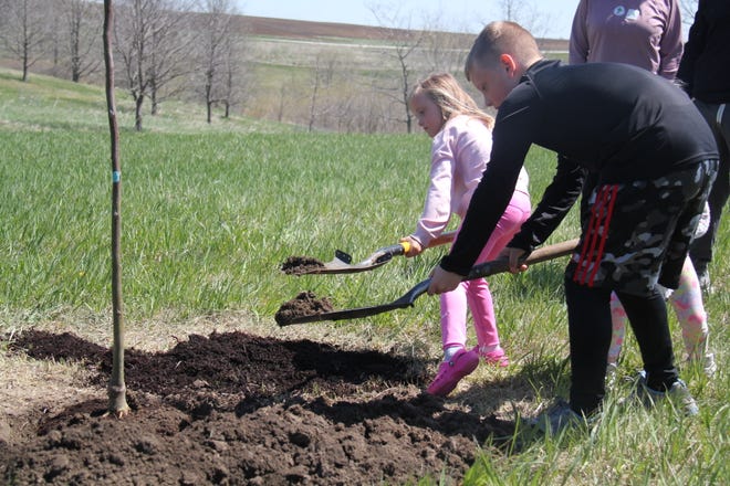 Henry, 9, and Emma, 5, Schuchmann, of Waukee, help plant a tree during an Earth Day Celebration on Sunday, April 21, 2024, near Dallas Center.