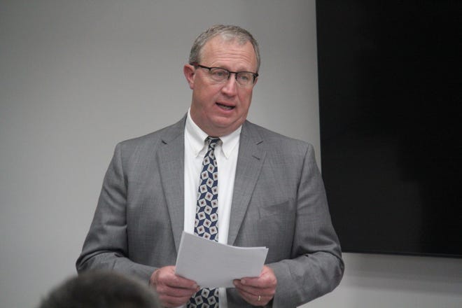 Scott Finneseth, Executive Director of the Bock Family Foundation, speaks during a grant presentation on Monday, April 22, 2024, at the Perry Public Library.