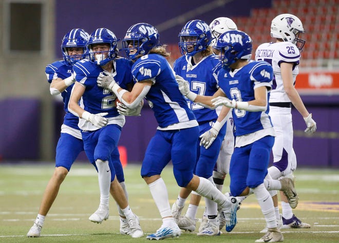 Van Meter senior safety Alex Jones (No. 2) celebrates as he pulls in his second interception of the second half against South Central Calhoun in their Class 1A game at the UNI-Dome in Cedar Falls on Saturday, Nov. 14, 2020.