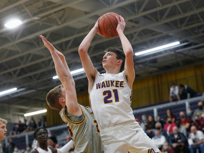 Waukee sophomore guard Pryce Sandfort flies to the hoop in the fourth quarter against Ankeny during the Class 4A regional final on Tuesday, March 2, 2021.