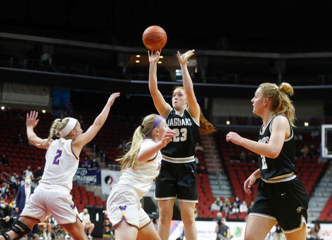 Ankeny Centennial senior Maggie Phipps shoots the ball in the first quarter against Waukee on Thursday, March 4, 2021, during the Iowa high school girls state basketball tournament at Wells Fargo Arena in Des Moines.