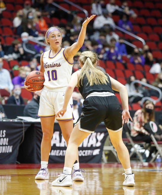 Waukee senior guard Katie Dinnebier directs a play in the third quarter against Ankeny Centennial on Thursday, March 4, 2021, during the Iowa high school girls state basketball tournament at Wells Fargo Arena in Des Moines.