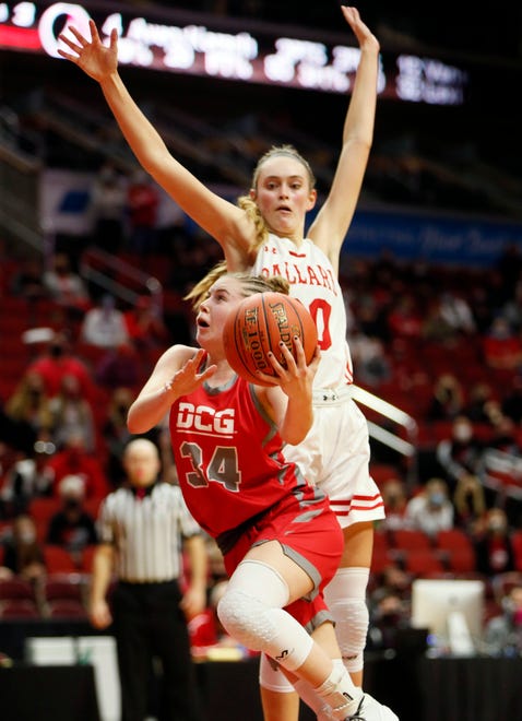 Ella Lampe of Dallas Center Grimes put up a shot during the 4A semifinals game Thursday, March 4, 2021.