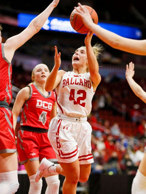 Ballard's Molly Ihle puts up a shot during the 4A semifinals game against Dallas Center Grimes Thursday, March 4, 2021.